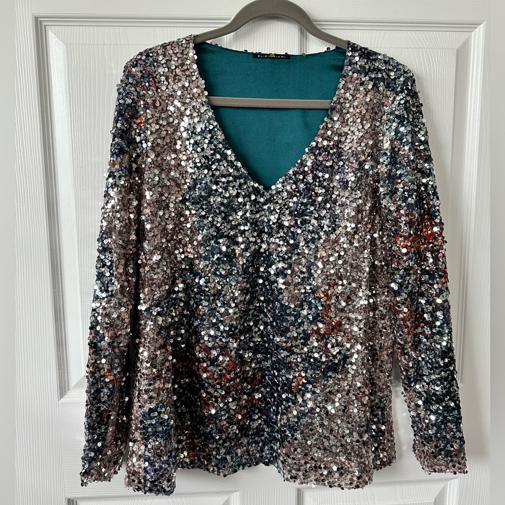 Elie Tahari sequined tunic top size large long sleeves